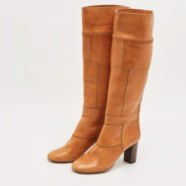 Pre Owned Chloe Brown Leather Knee Length Boots Size 36.5
