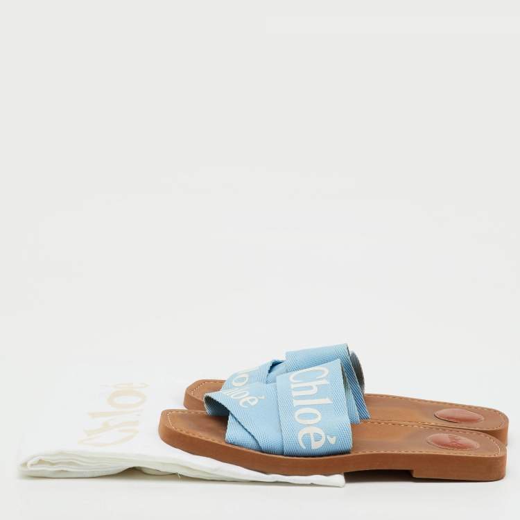 Pre Owned Chloe Blue Canvas Woody Flat Slide Sandals Size 39