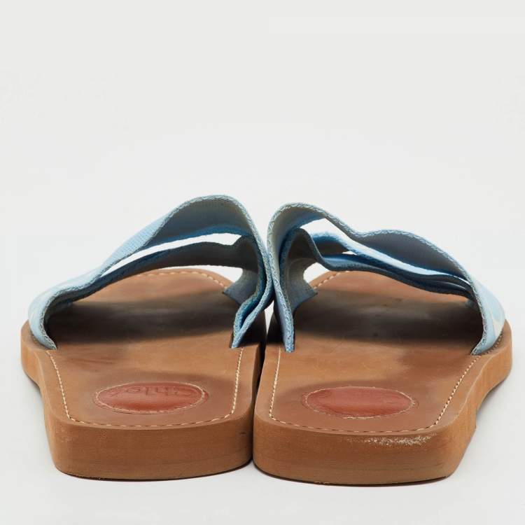 Pre Owned Chloe Blue Canvas Woody Flat Slide Sandals Size 39
