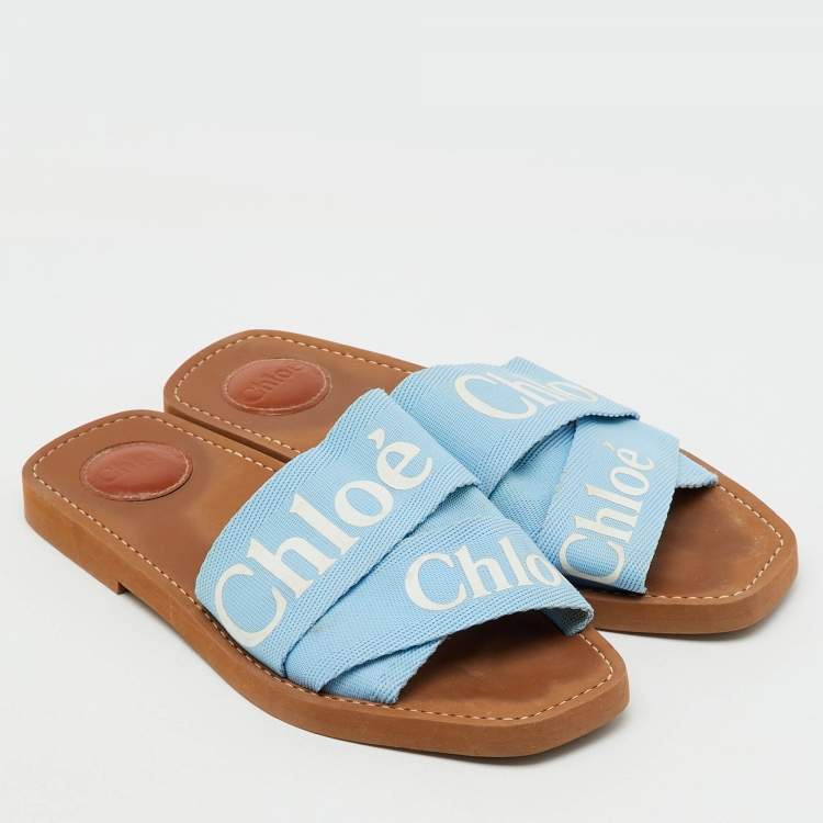 Pre Owned Chloe Blue Canvas Woody Flat Slide Sandals Size 39
