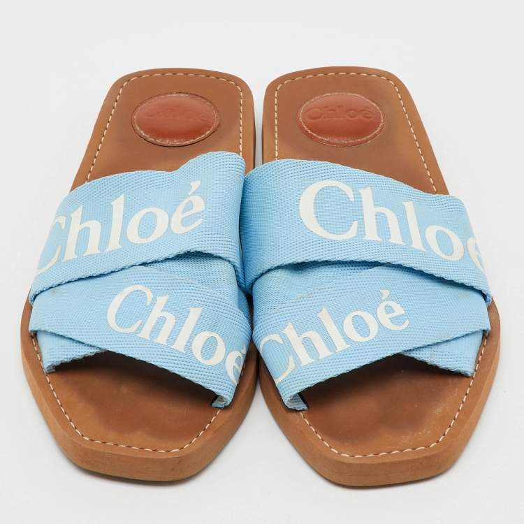 Pre Owned Chloe Blue Canvas Woody Flat Slide Sandals Size 39