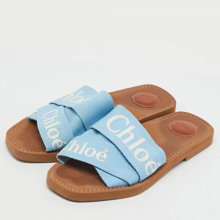 Pre Owned Chloe Blue Canvas Woody Flat Slide Sandals Size 39