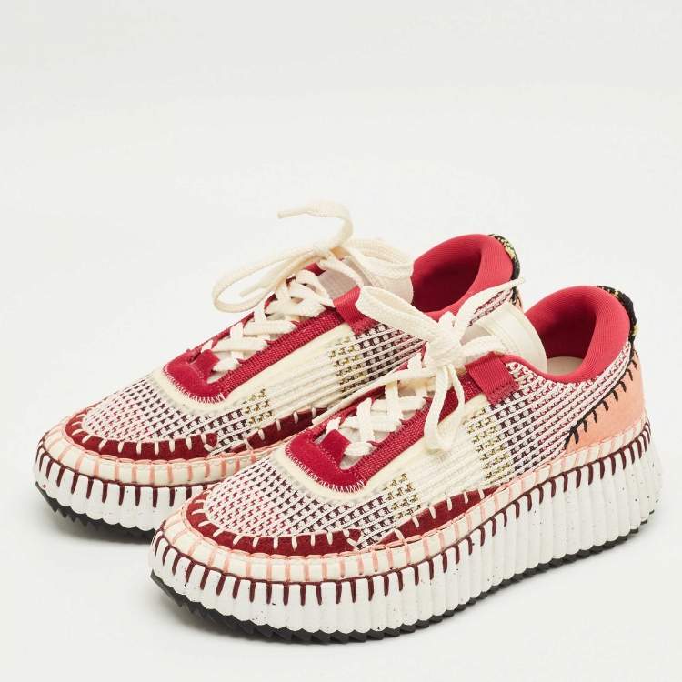 Pre Owned Chloe Multicolor Knit Fabric and Suede Nama Sneakers Size 38