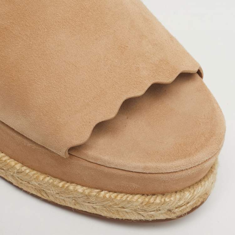Pre Owned Chloé Beige Suede Scalloped Lauren Flatform Sandals Size 40