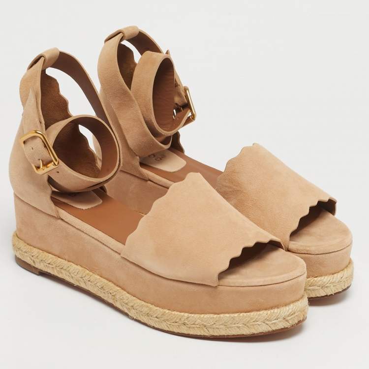 Pre Owned Chloé Beige Suede Scalloped Lauren Flatform Sandals Size 40