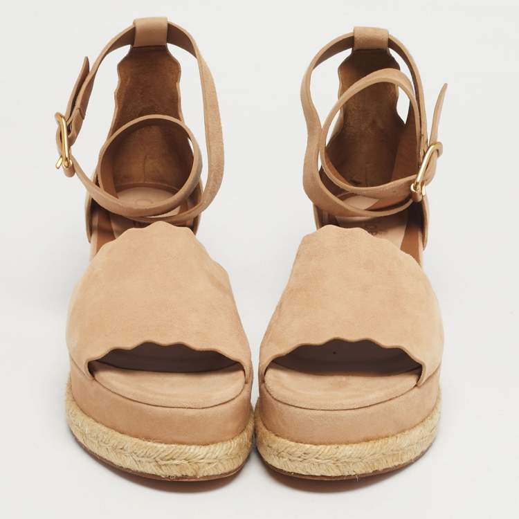Pre Owned Chloé Beige Suede Scalloped Lauren Flatform Sandals Size 40