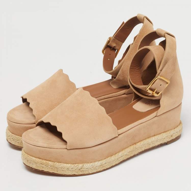 Pre Owned Chloé Beige Suede Scalloped Lauren Flatform Sandals Size 40