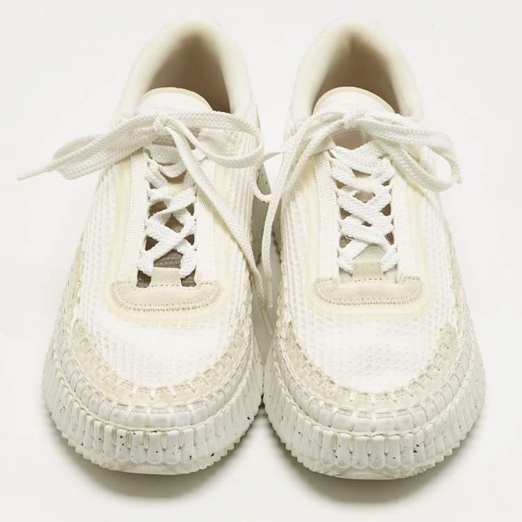 Pre Owned Chloe White Knit Fabric and Suede Nama Platform Low Top Sneakers Size 40
