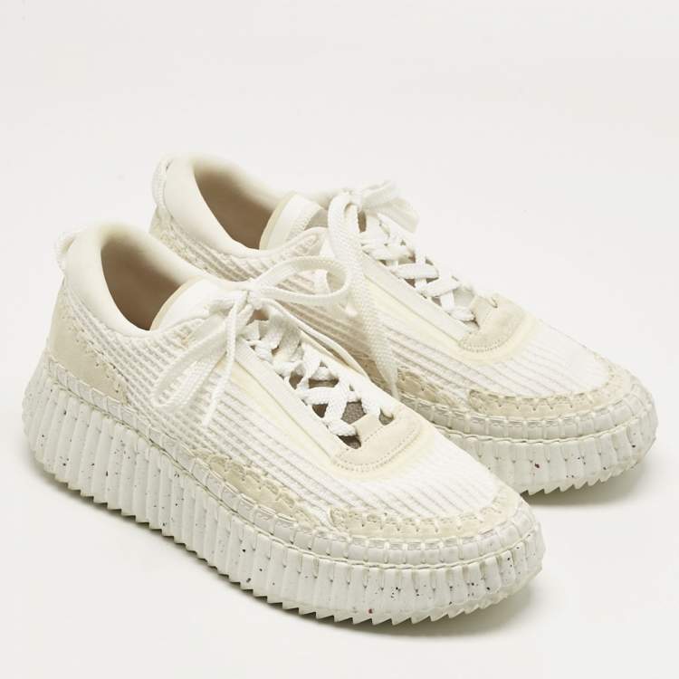 Pre Owned Chloe White Knit Fabric and Suede Nama Platform Low Top Sneakers Size 40