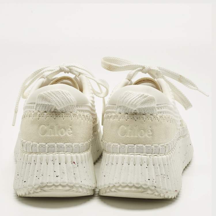 Pre Owned Chloe White Knit Fabric and Suede Nama Platform Low Top Sneakers Size 40