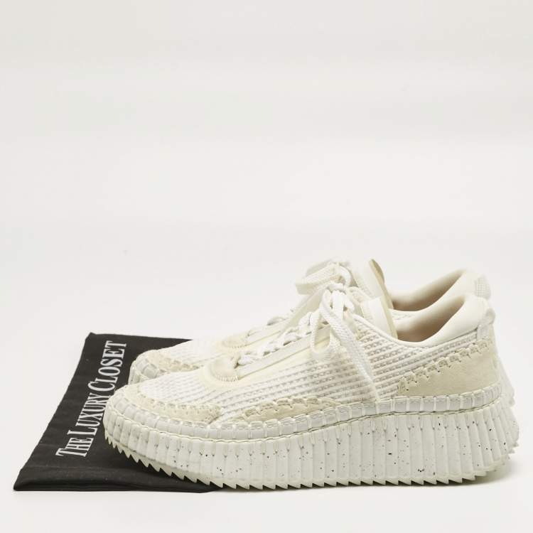Pre Owned Chloe White Knit Fabric and Suede Nama Platform Low Top Sneakers Size 40