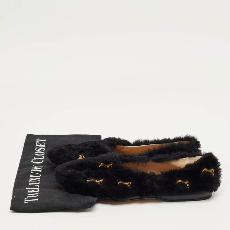 Pre Owned Chloe Black Fur Horse Embroidered Ballet Flats Size 37