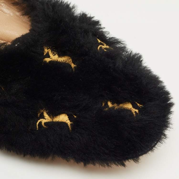 Pre Owned Chloe Black Fur Horse Embroidered Ballet Flats Size 37