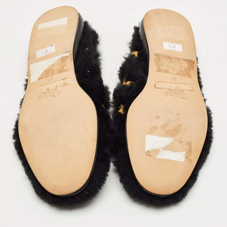 Pre Owned Chloe Black Fur Horse Embroidered Ballet Flats Size 37