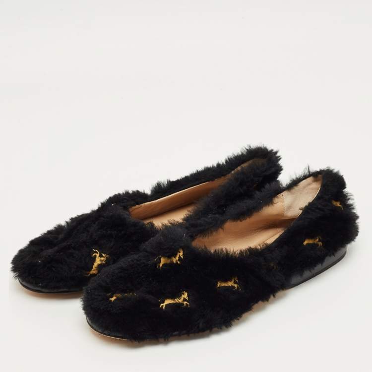 Pre Owned Chloe Black Fur Horse Embroidered Ballet Flats Size 37