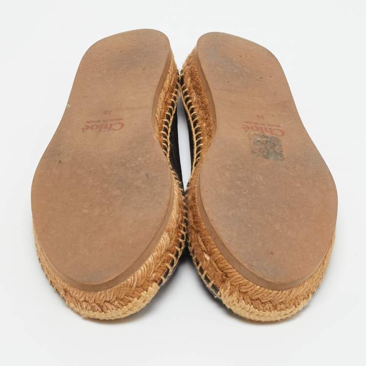 Pre Owned Chloe Black Leather and Logo Canvas Woody Espadrille Flats Size 36