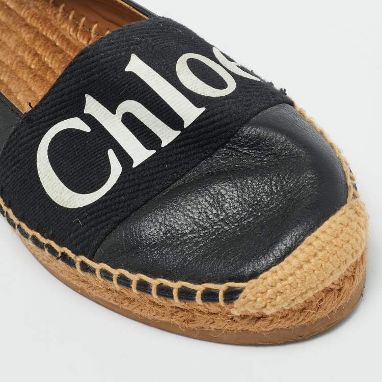 Pre Owned Chloe Black Leather and Logo Canvas Woody Espadrille Flats Size 36