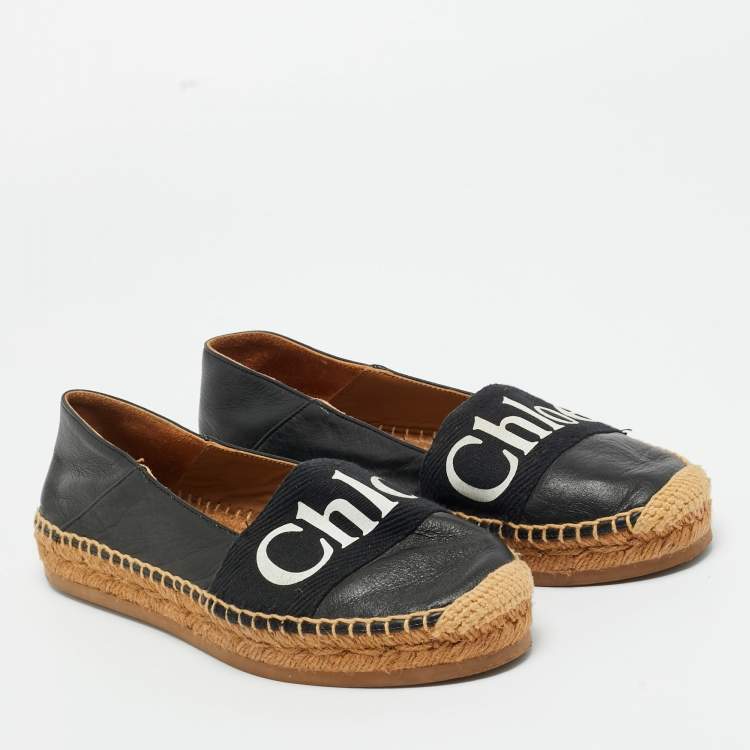 Pre Owned Chloe Black Leather and Logo Canvas Woody Espadrille Flats Size 36