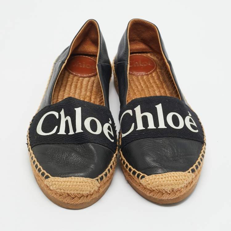 Pre Owned Chloe Black Leather and Logo Canvas Woody Espadrille Flats Size 36
