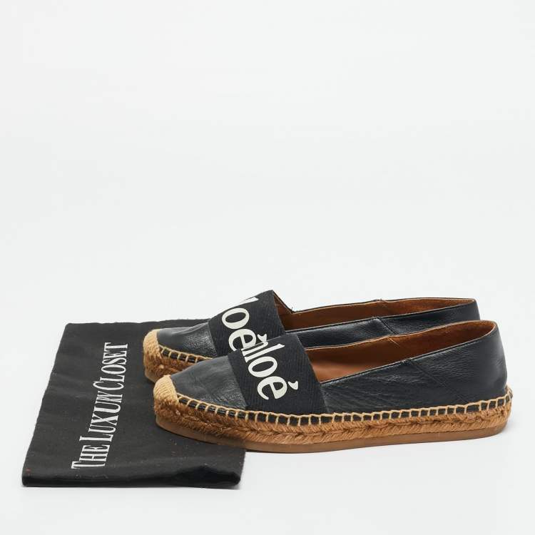 Pre Owned Chloe Black Leather and Logo Canvas Woody Espadrille Flats Size 36