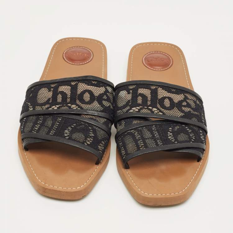 Pre Owned Chloe Black Lace and Leather Woody Flat Sandals Size 41