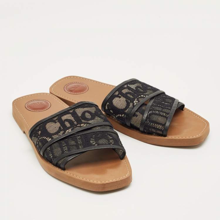 Pre Owned Chloe Black Lace and Leather Woody Flat Sandals Size 41