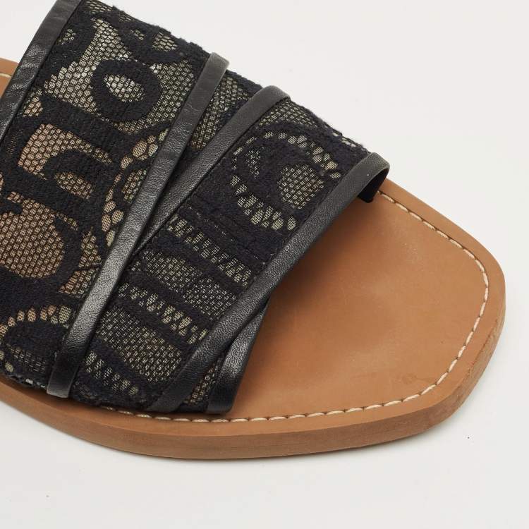 Pre Owned Chloe Black Lace and Leather Woody Flat Sandals Size 41