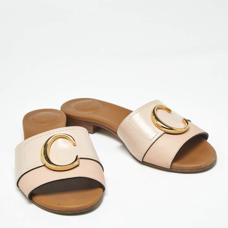 Pre Owned Chloe Pink/Cream Leather Flat Slides Size 35