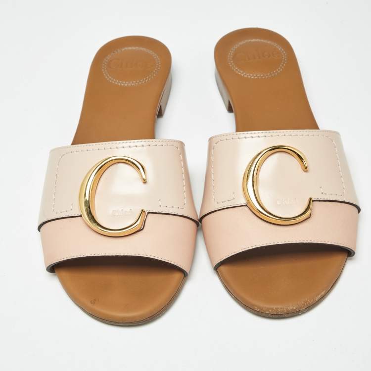 Pre Owned Chloe Pink/Cream Leather Flat Slides Size 35