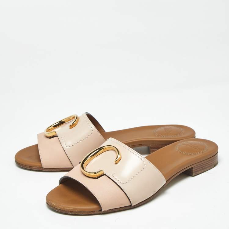 Pre Owned Chloe Pink/Cream Leather Flat Slides Size 35