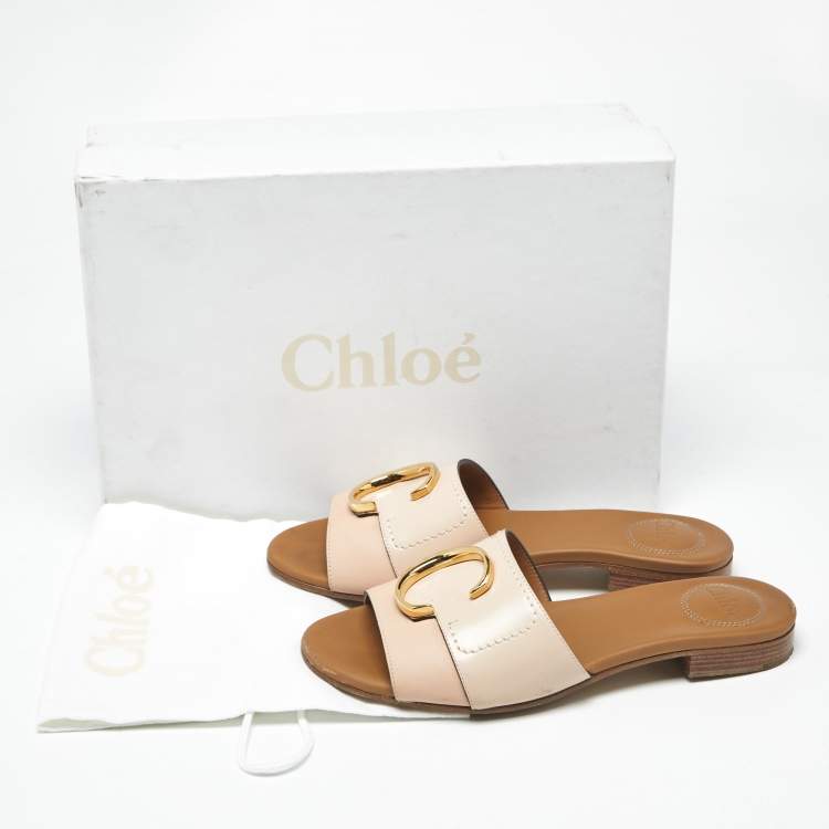 Pre Owned Chloe Pink/Cream Leather Flat Slides Size 35