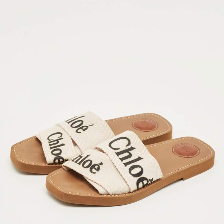 Pre Owned Chloe Cream Canvas Logo Woody Flat Slide Size 38