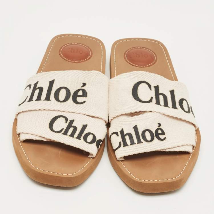 Pre Owned Chloe Cream Canvas Logo Woody Flat Slide Size 38