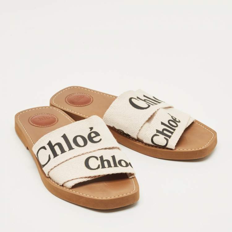 Pre Owned Chloe Cream Canvas Logo Woody Flat Slide Size 38