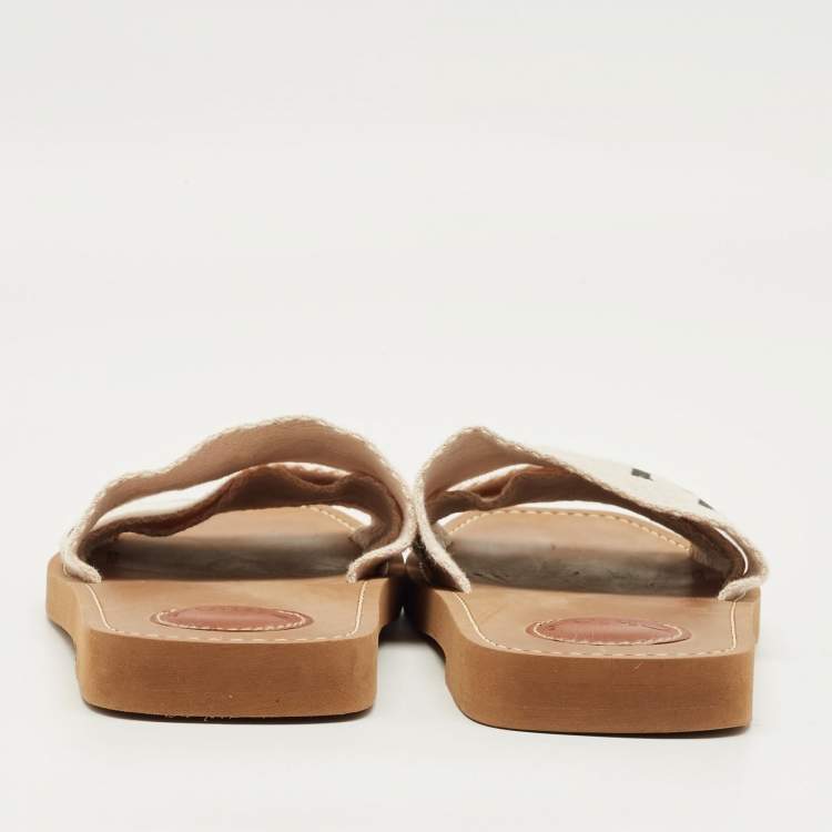 Pre Owned Chloe Cream Canvas Logo Woody Flat Slide Size 38