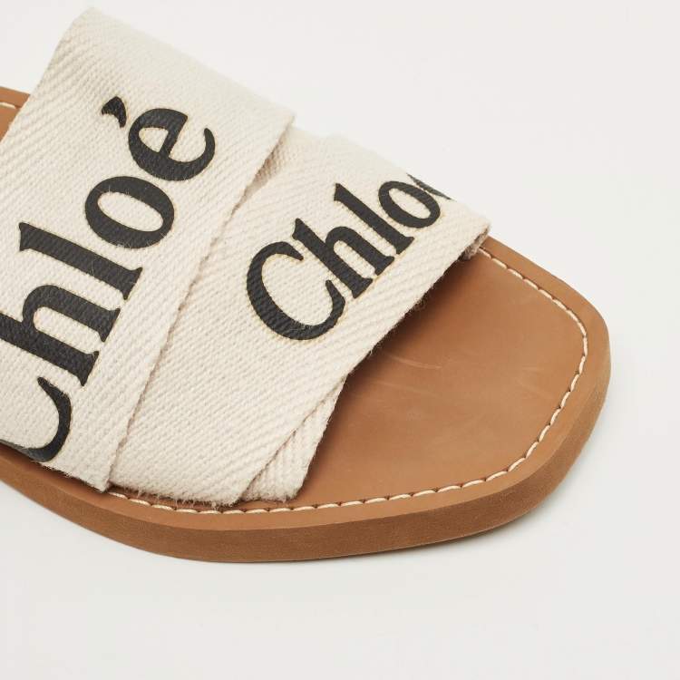 Pre Owned Chloe Cream Canvas Logo Woody Flat Slide Size 38