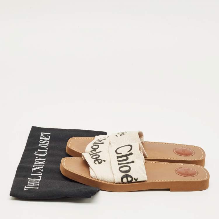 Pre Owned Chloe Cream Canvas Logo Woody Flat Slide Size 38