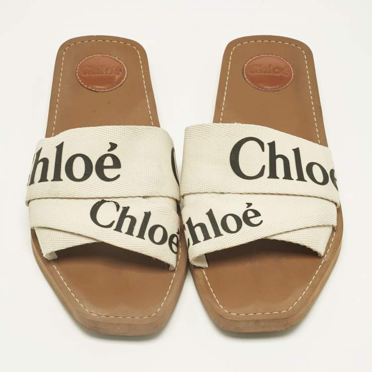 Pre Owned Chloe White Fabric Woody Flat Slides Size 41