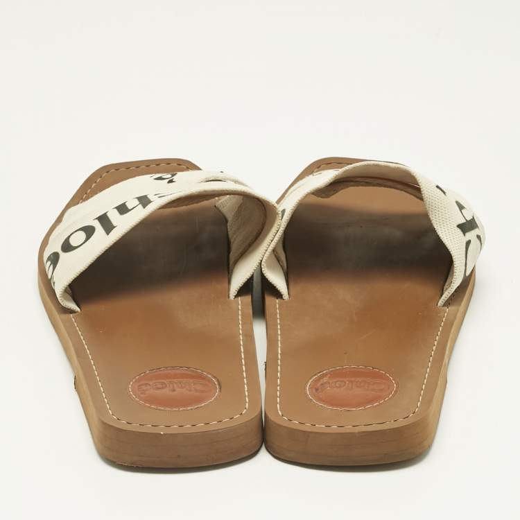 Pre Owned Chloe White Fabric Woody Flat Slides Size 41