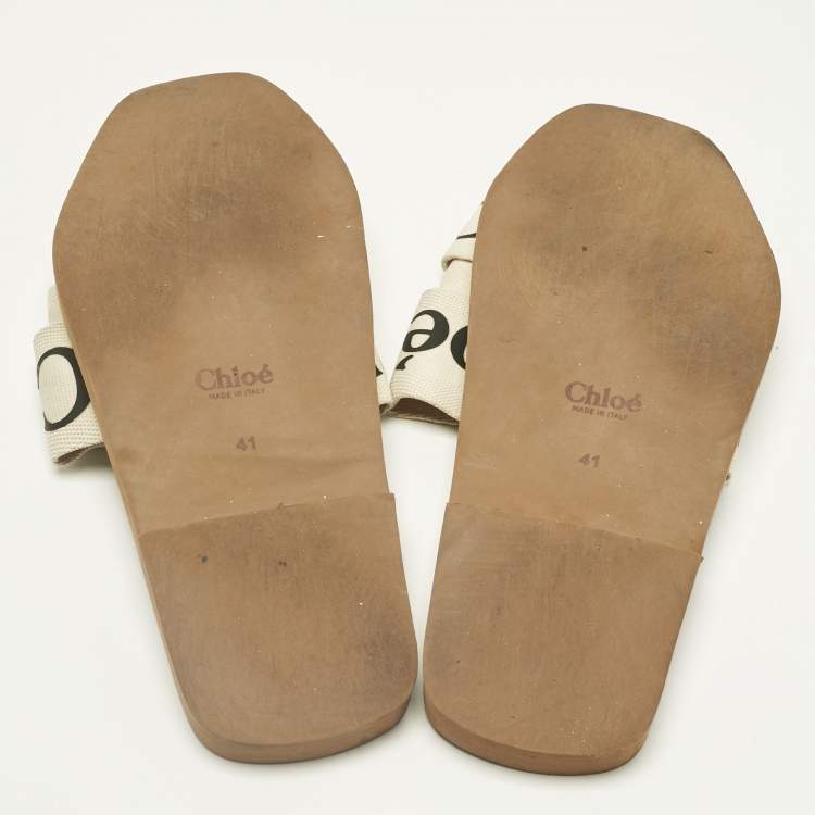 Pre Owned Chloe White Fabric Woody Flat Slides Size 41