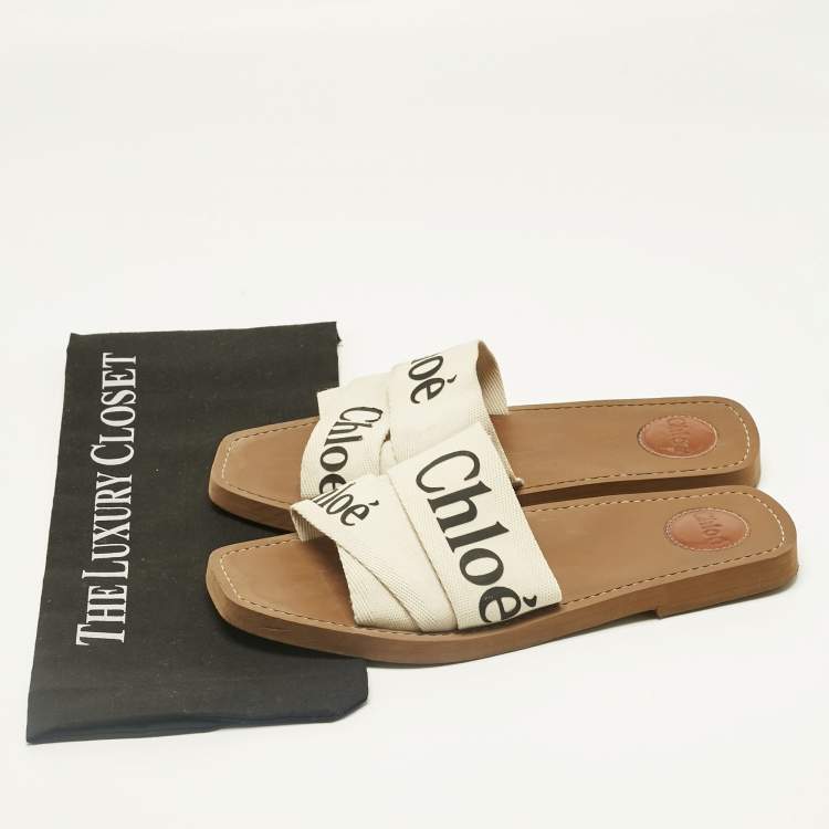 Pre Owned Chloe White Fabric Woody Flat Slides Size 41