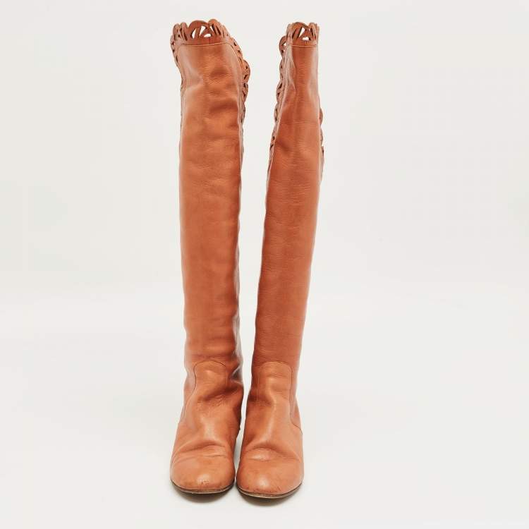 Pre Owned Chloe Brown Leather Knee Length Boots Size 36
