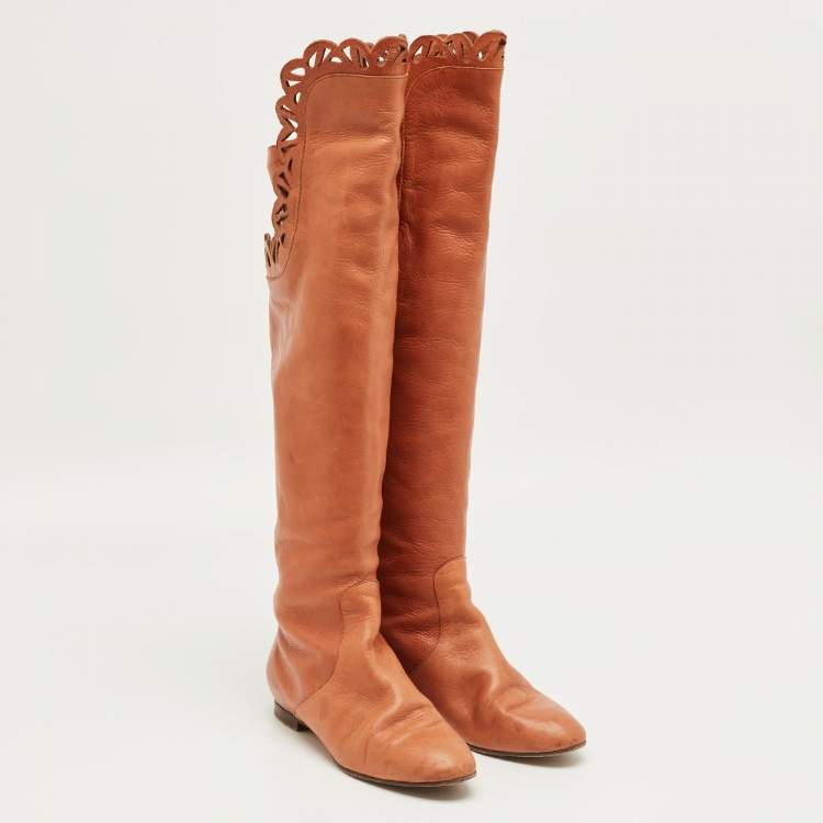 Pre Owned Chloe Brown Leather Knee Length Boots Size 36