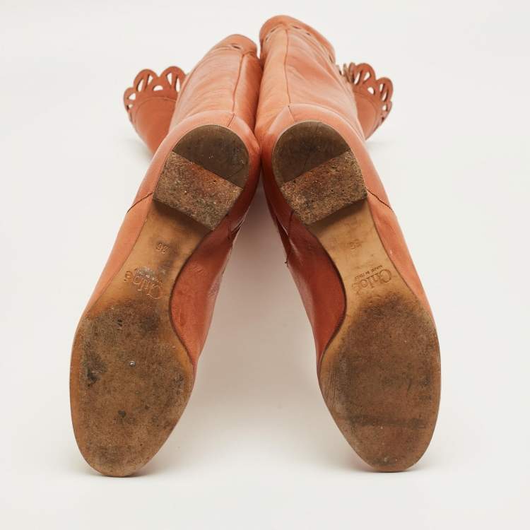 Pre Owned Chloe Brown Leather Knee Length Boots Size 36