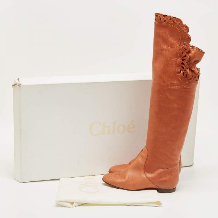 Pre Owned Chloe Brown Leather Knee Length Boots Size 36