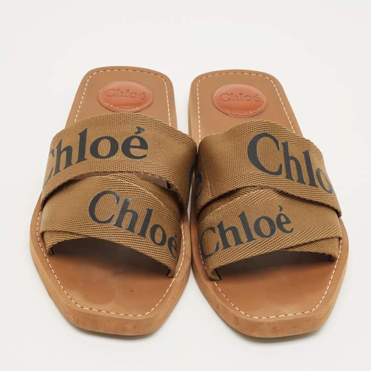 Pre Owned Chloe Brown Canvas Logo Ribbon Woody Flat Slide Sandals Size 41