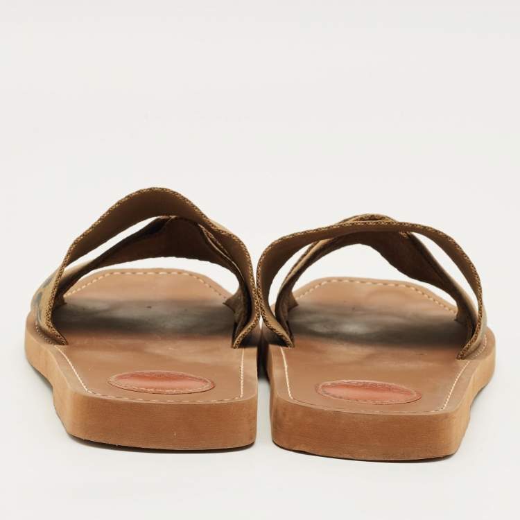 Pre Owned Chloe Brown Canvas Logo Ribbon Woody Flat Slide Sandals Size 41