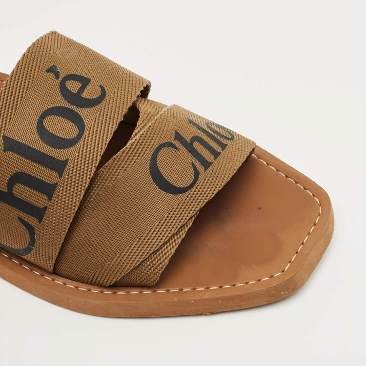 Pre Owned Chloe Brown Canvas Logo Ribbon Woody Flat Slide Sandals Size 41