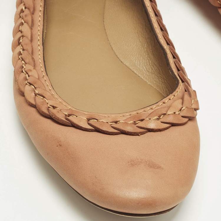 Pre Owned Chloe Brown Leather Braided Cuff Ballet Flats Size 37