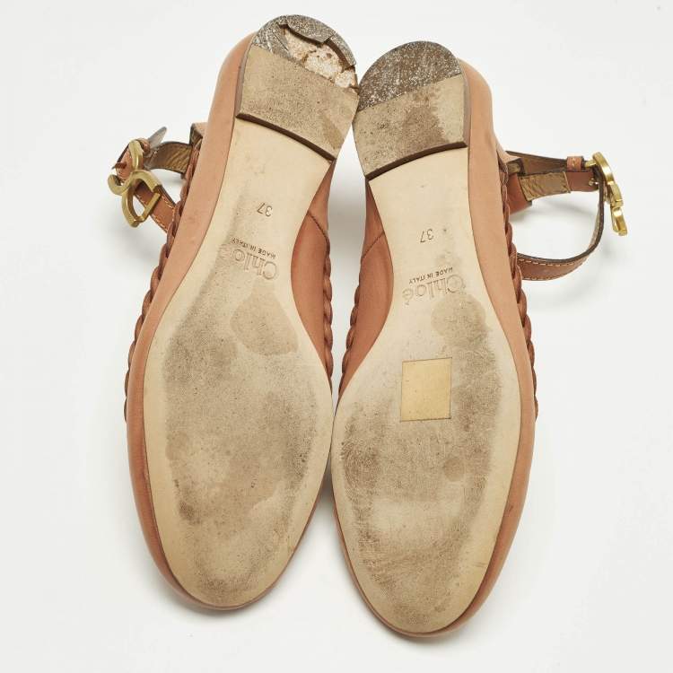Pre Owned Chloe Brown Leather Braided Cuff Ballet Flats Size 37
